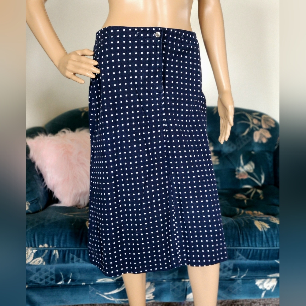 Navy Blue Polka Dot Cotton-Linen Skirt with Back Pockets